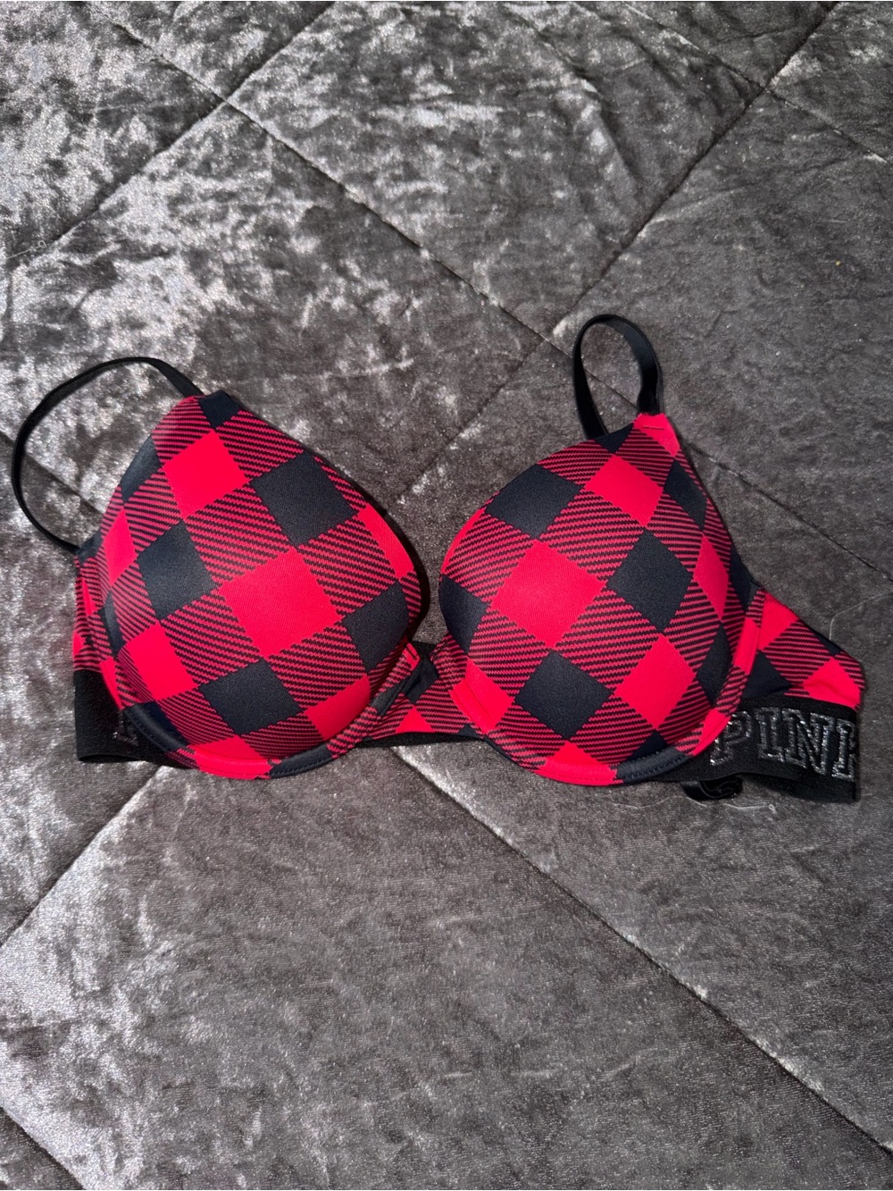PINK Victoria's Secret Red and Black Buffalo Plaid Push-Up Bra